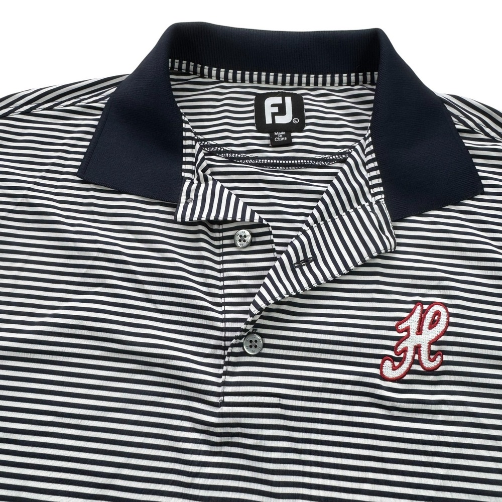 FootJoy Performance Golf Polo Shirt Mens L Navy Blue White Stripe Golf Script H - Picture 3 of 11